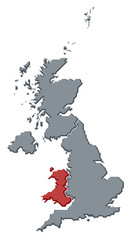 Map of United Kingdom, Wales highlighted