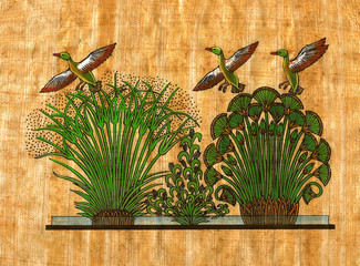 Paryrus avec canards, lotus et palmier.