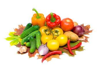 mixed vegetables and autumn leaves