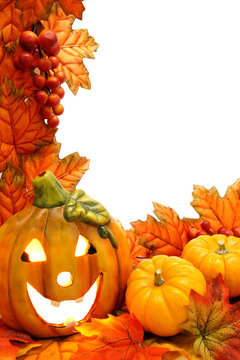 Vertical border with jack-o-lantern and fall leaves