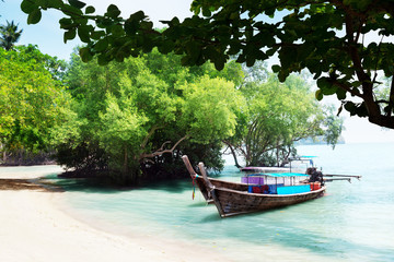 Naklejka na ściany i meble long boats on beach in Thailand