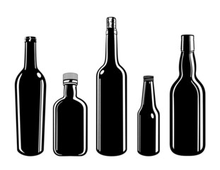 Glass Bottle Containers Black and White Cartoon Vector Graphic Illustration Set