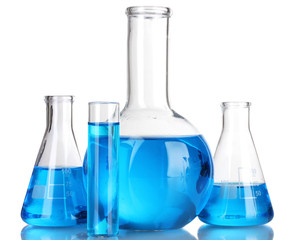 Test-tubes with blue liquid isolated on white