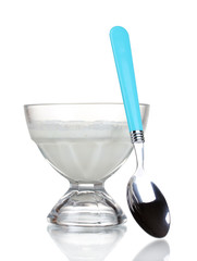 Sour cream in bowl and milk isolated on white