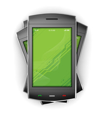 Black smartphones and earphones. This is a detailed 3D render.