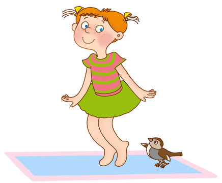 little girl jumps like a sparrow on a gymnastic mat