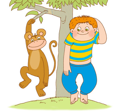 little boy shows the monkey