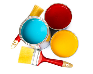 open tin cans with paint and brushes isolated on white