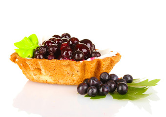 tasty cake with cream and blueberries isolated on white