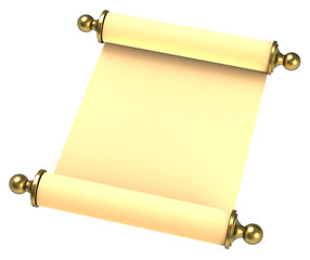 Scroll paper with golden handles over white.