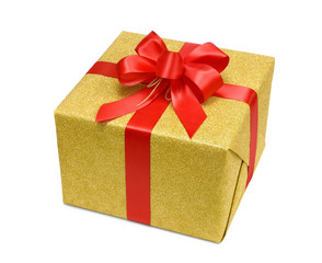 Goldene Geschenkpackung mit roter Schleife