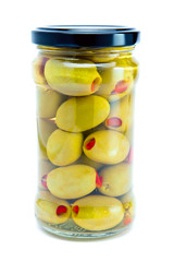 Glass jar with tinned olives