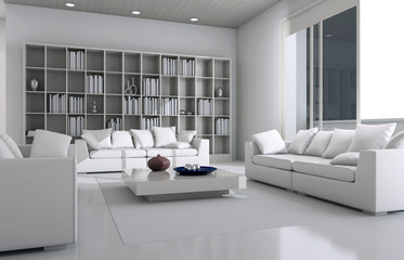 Interno con divani e finestra rendering 3d