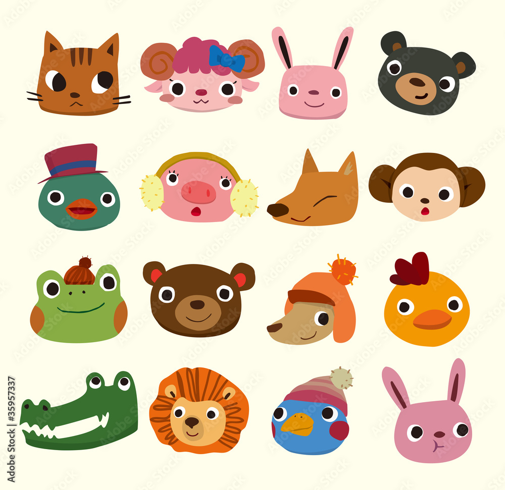 Wall mural cartoon animal head icons