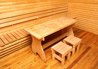 wooden interior of sauna rest room