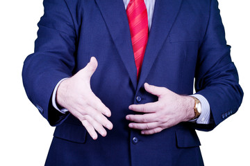 Obraz premium Businessman in suit and red tie handshake.