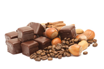 chocolate, coffee beans, cinnamon and nuts