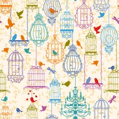 Wall murals Birds in cages Birds and cages vintage pattern