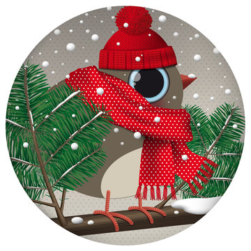 Oiseau sous la neige d&rsquo;hiver portant une &eacute;charpe rouge