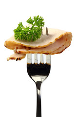 Schweinebraten auf Gabel, isoliert