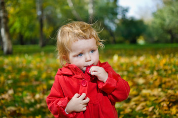 Cute little blonde girl in autumn park