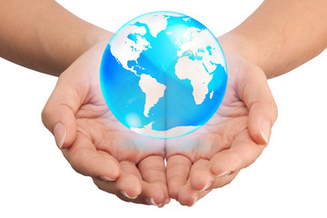 Hand holding crystal globe, Save world concept