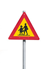 Roadsign with warning for crossing schoolkids isolated on white