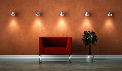 Wohndesign - Sessel rot vor beleuchteter Wand