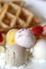 Waffles with ice cream and fruits