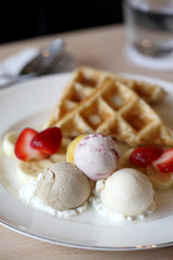 Waffles with ice cream and fruits
