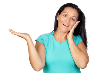 Adorable woman with blue t-shirt saying 