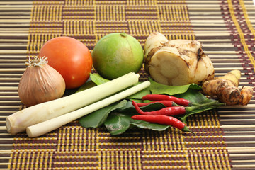 Thai food ingredient for Tom yum kung on wood background