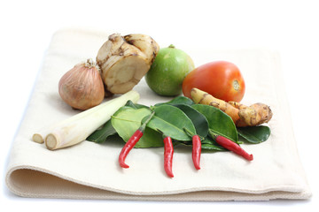 Thai food ingredient for Tom yum kung isolated in white backgrou