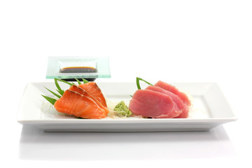 salmon and tuna sashimi isolated in white background