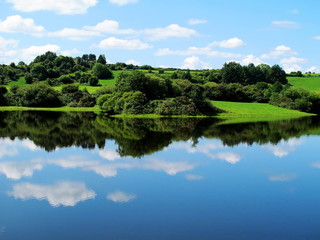 Fototapeta na wymiar Błękitne niebo z Irlandii z lasów i łąk zielonych