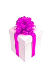 White gift box with pink bow isolated on white