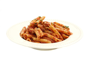 Pasta macaroni with tomato sauce isolated in white background