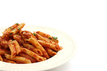 Pasta macaroni with tomato sauce isolated in white background
