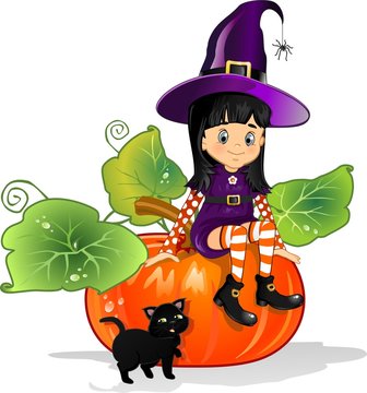Witch girl sitting on pumpkin with cat