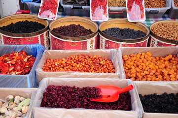 dried fruit and nuts at a marketplace