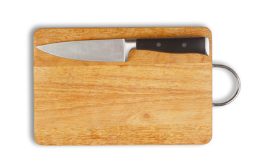 wooden hardboard with kitchen knife isolated. clipping path incl