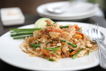 Thai food padthai on wood background