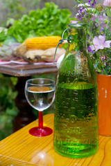 Drinking water in bottle with glass