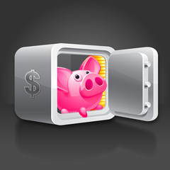 Piggy bank in a safe, money. Black background.