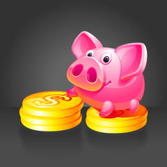 Pink piggy bank with gold coins. Black background.