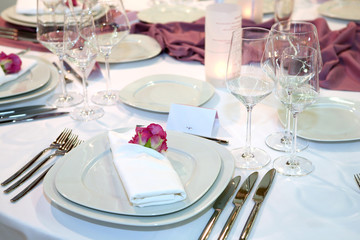 Elegant wedding dinner with red rose on a plate