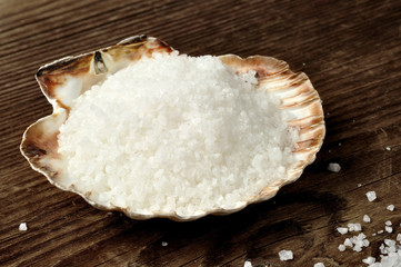 Coarse sea salt in scallop shell