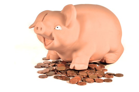 Hucha de cerdito y monedas