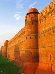 Walls of Red Fort at sunset, in New Delhi, India