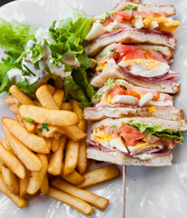 Sandwich with chicken, cheese and golden French fries potatoes